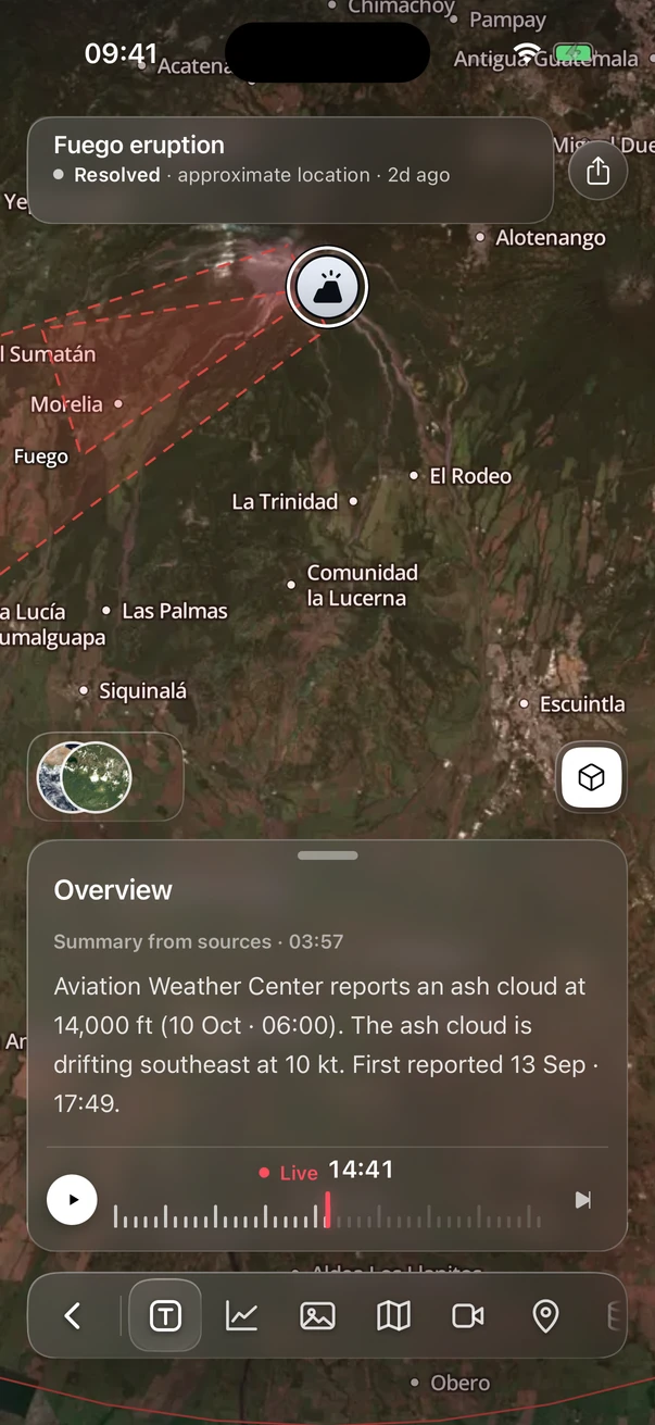 World Monitor on iPhone: Fuego’s event overview, with its status and Aviation Weather Center summary.