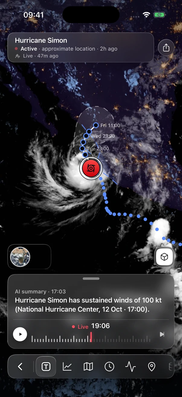 World Monitor on iPhone: Hurricane Simon over satellite imagery, with its observed track, forecast cone and a dated National Hurricane Center summary.