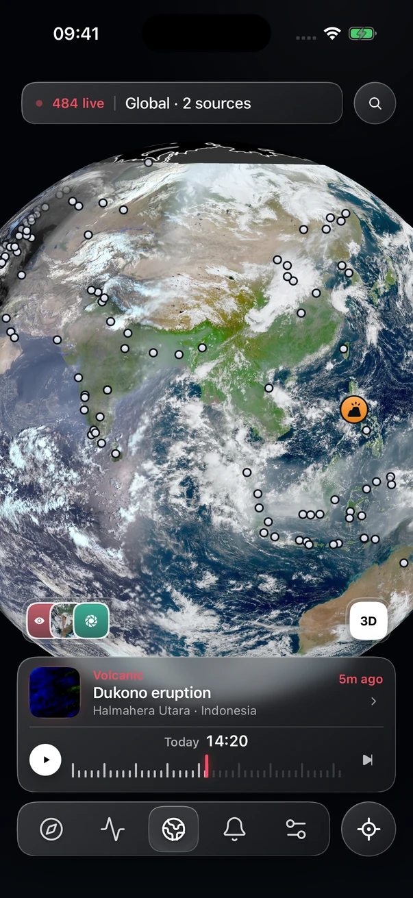 World Monitor on iPhone: the World globe with event markers, the Dukono eruption selected and the day’s timeline.